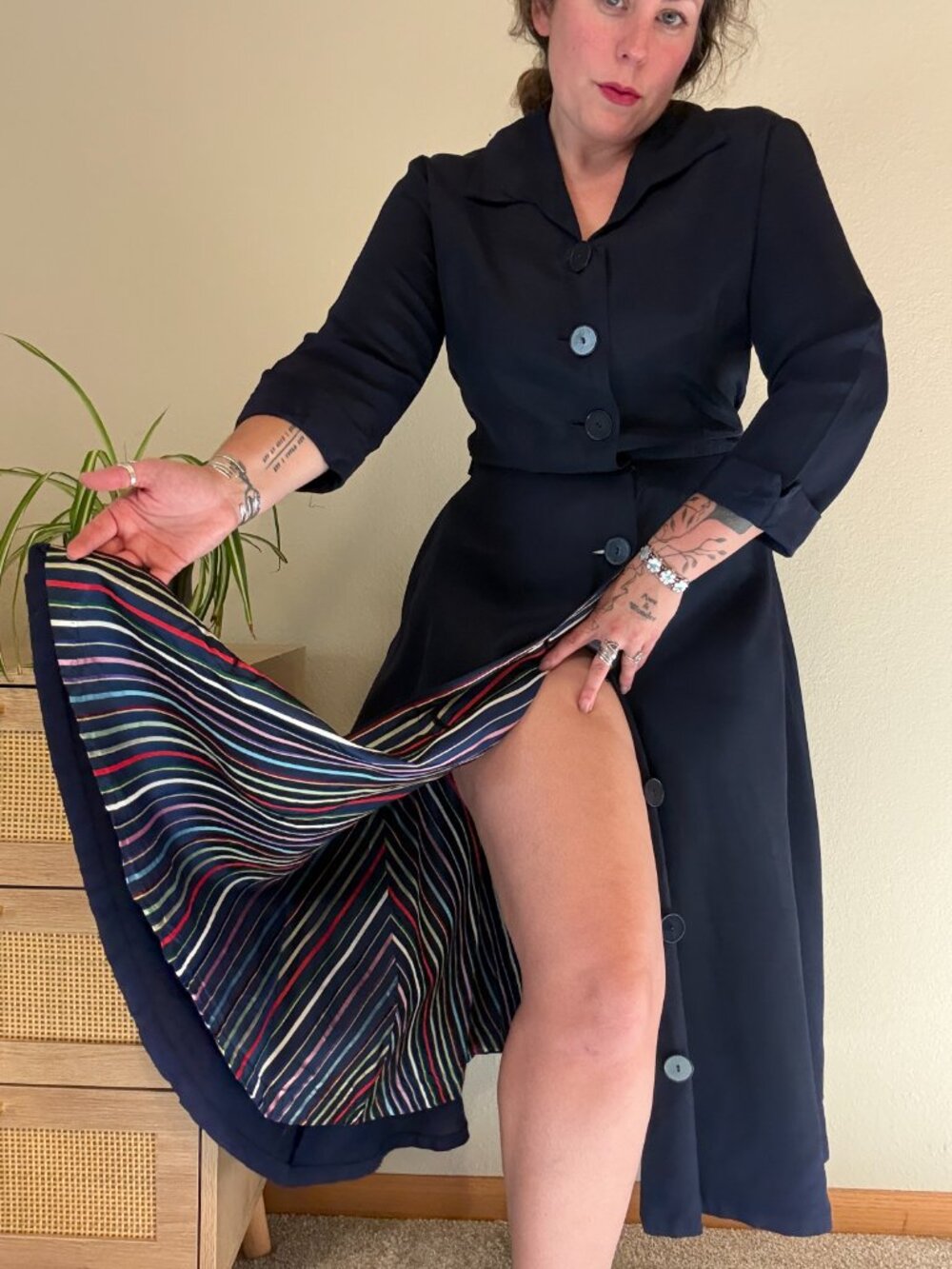 Vintage 50s Pat Perkins Fit Flare Navy Striped Button Down Collared Dress M